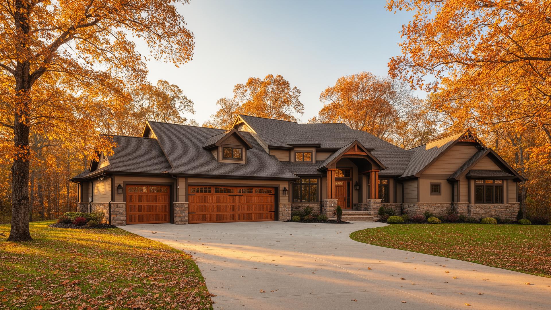 Premium wood overlay garage door on ranch style home in Summitville